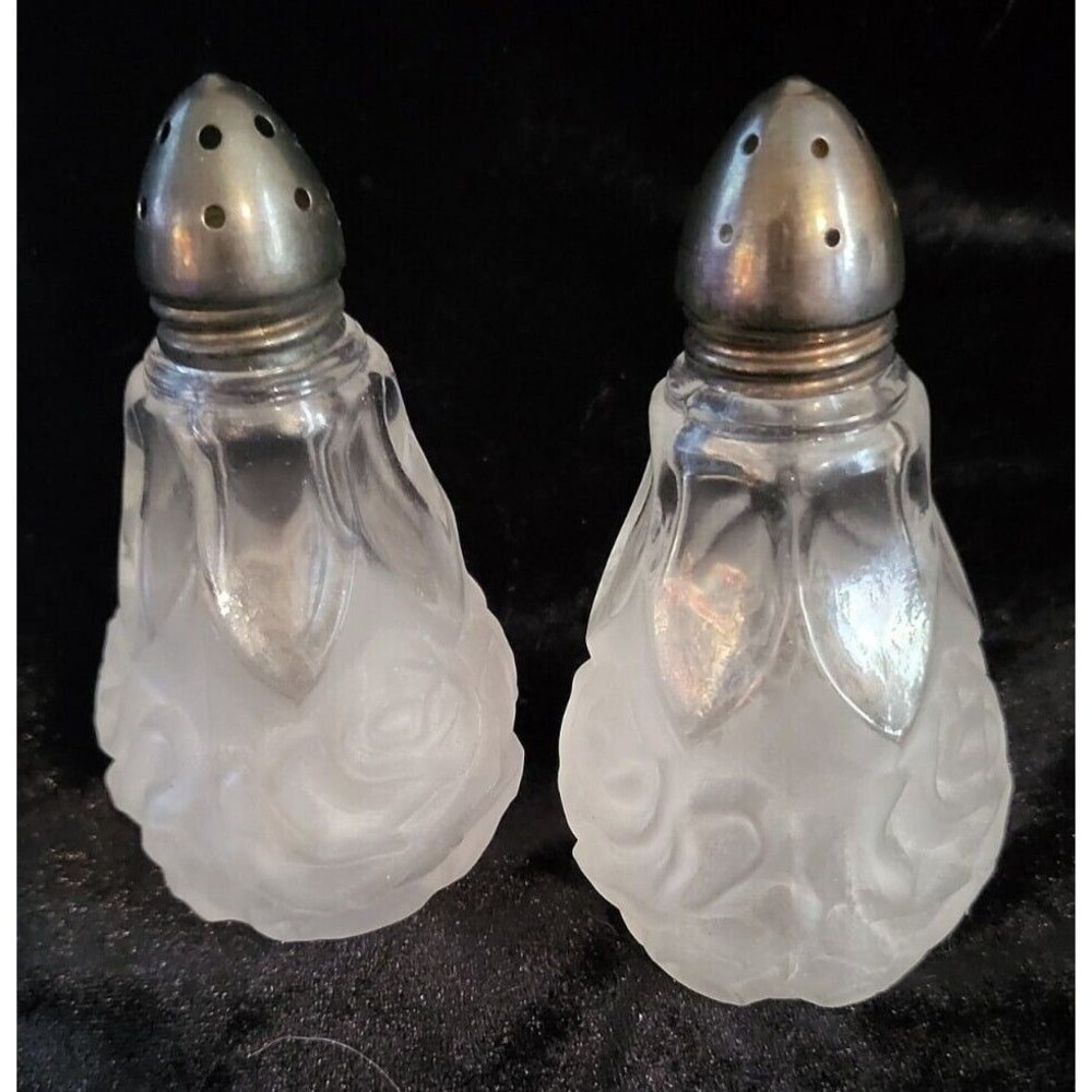 Vintage Clear & Satin Glass Rose Pattern Salt & Pepper W/Sterling Silver Lids